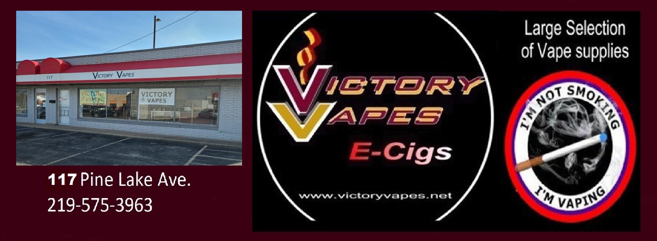 Image of with Victory Vapes information, and store location information.